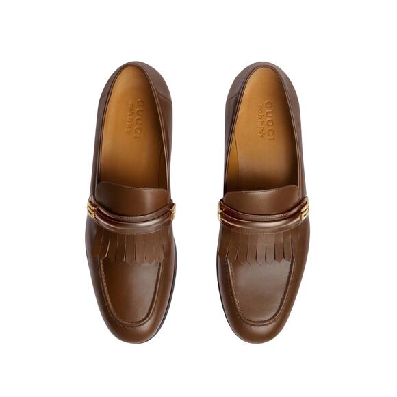 NIB Gucci Mirrored G Size 8.5 US 9 Fringed Loafer Brown Italian Leather Shoe main image 4